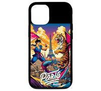 Coque pour iPhone 14 Retro Gaming Fighters Battling in Paris with Anime Tiger