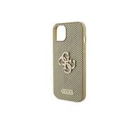 Coque pour iPhone 15 Perforée avec Logo 4G en Métal Pailleté Dorée