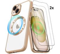 Coque pour iphone 15 plus - 2x vitre verre trempé compatible magsafe effet chromé or