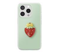 Coque pour iPhone 15 Pro avec Motif Fraise en Relief 3D et Contour Surélevé Vert
