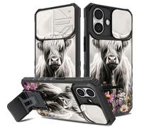 Coque pour iPhone 16, coque d'appareil photo cachée et coque de téléphone pliable avec béquille pour iPhone 16, anti-rayures, anti-chocs, coque de protection intégrale pour femmes et filles, fleurs de