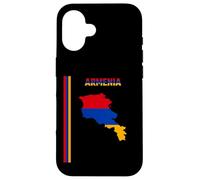 Coque pour iPhone 16 Drapeau arménien vertical, texte « Armenia » et carte de silhouette
