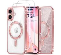 Coque pour iPhone 16 - Massilia Tech - Transparent Chromé - 2 Vitres Trempées - Strass - Brillant Rose
