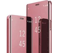 Coque pour iPhone 16 Plus 5G Coque Clear View Flip Folio Case Placage Miroir Effet Coque à Rabat Rigide Plastique PC+PU Cuir Housse Etui pour iPhone 16 Plus 360 Full Body Antichoc Fine Cover (Or rose)