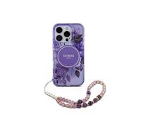 CG Mobile Guess HC Coque de téléphone conçue pour iPhone 16 Pro Max, Durable, résistante aux Chocs, Compatible avec Magsafe, IML Fleurs avec Bracelet perlé Violet