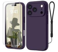 Coque Pour Iphone 18 Pro Avec 1 Verre Trempé Violet Foncé Avec 1 Dragonne Étui Protection Précise De Caméra Silicone Liquide Résist