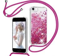 Coque pour iPhone 8/SE 2020/SE 2022/7/6/6S transparente paillettes Barbie avec cordon 1,5 m réglable et amovible, silicone TPU anti-jaunissement antichoc bords surélevés coeurs argentés