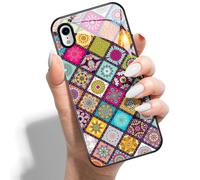 Coque pour iPhone X XS 5.8 Verre PC Cover Case Arrière Rigide Étui avec Silicone Antichoc Papillon Amour Marbre Motif Design pour Fille et Femme - Mandala à Carreaux