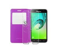 Coque pour J3 2016 Galaxy SM-J320F Portefeuille Fenêtre View, Violet + Film VERRE Trempé