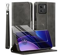 Coque pour Motorola Edge 2023 et protection d'écran en verre trempé, étui portefeuille à rabat en cuir synthétique [protection complète] [emplacements pour cartes] [béquille] pour Moto Edge 2023, noir