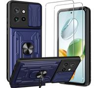 Coque Pour Motorola Edge 50 Neo + 2x Verres Trempés - Antichoc Pc/Tpu, Cache Photo Coulissant, Anneau Rotatif 360° Magnétique Support Voiture, Bleu