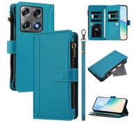 Coque pour Motorola Moto Signature 5G, Fermeture éclair Case Portefeuille en Cuir PU avec Cover en TPU, Étui Multifonctionnel 9 Porte-Cartes Housse pour Motorola Moto Signature 5G, Bleu