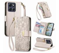Coque pour Motorola X70 Air Pro/SIGNATURE 5G Fleur Étui Housse en Cuir PU à Rabat Portefeuille Antichoc avec Porte Carte, Poche Zippée, Chiusura Magnétique, Dragonne et Support Cover Case Femme-gris