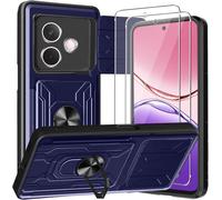 Coque Pour Oppo A5 Pro 5g Avec 2 Verres Trempés - Bumper Antichoc Bleu, Cache Lentille Coulissant, Emplacement Carte & Anneau Rotatif 360° Magnétique