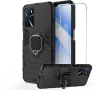 Coque Pour Oppo A54s / A16 / A16s 4g - Double Couche Tpu+Pc Antichoc Avec Verre Trempé, Bumper Silicone, Anneau Support Et Compatible Aimant Voiture - Noir