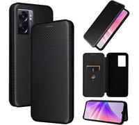 Coque Pour Oppo A57/A77 5g 2022/K10 5g,Realme Narzo 50 5g/V23,Oneplus Nord N300,Cuir Fibre De Carbone Flip Case,Fentes Pour Cartes/Magnetique/Support,Protection Housse,Anti-Choc Cover-Le Noir