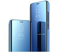 Coque pour Oppo A73 5G Étui Housse Translucide Plating Standing Clear View Cover avec Support Fonction Flip Miroir Case 360 degrés Protection Antichoc Housse,Bleu