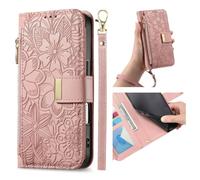 Coque pour Oppo Realme C21Y/Realme C25Y Fleur Étui Housse en Cuir PU à Rabat Portefeuille Antichoc avec Porte Carte, Poche Zippée, Chiusura Magnétique, Dragonne et Support Cover Case Femme-rose