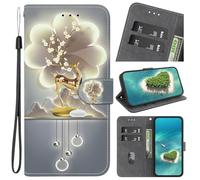 Coque pour Oppo RENO 12 Pro 5G, Housse en Cuir PU Etui à Rabat,Magnétique Pochette Portefeuille Étui de Protection pour RENO 12 Pro 5G, Élan, Fleurs de Prunier, lumières, peintures murales, Or