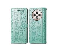Coque pour OPPO Reno 12F Etui Magnétique Portefeuille Mignon Chat Embossée PU Cuir Flip Antichoc Housse avec Fentes pour Cartes ZURSANA Vert
