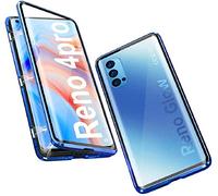 Coque pour OPPO Reno 4 Pro 5G Cover 360 Degrés Protection Étui Magnétique Adsorption Métal Bumper Flip Case Ultra Mince Housse Transparent Avant et Arrière Verre Trempé Cover pour Reno 4 Pro,Bleu