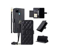 Coque pour Realme C21Y/C25Y étui portefeuille fin en cuir avec anneau magnétique, porte-cartes et longue sangle compatible avec Realme C21Y/C25Y-Noir