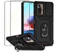 Coque Pour Redmi Note 10 Pro/Pro Max - Noire, 2 Films Verre Trempé Inclus, Volet Coulissant Protège-Appareil Photo, Béquille Rotative, Protection Double Couche Tpu+Pc, Bord Surélevé 1,3 Mm