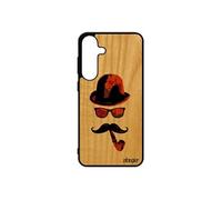 Coque pour S25+ Plus bois silicone monsieur moustache chapeau melon rigide homme telephone pipe peinture graf noir de pour Samsung galaxy