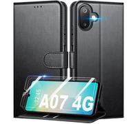 Coque pour Samsung Galaxy A07 4G + [2 Pièces Verre Trempé], Étui de Protection Housse Pochette de Portefeuille Etui à Rabat - Noir