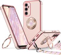Coque Pour Samsung Galaxy A14 5G, Avec Double Anneau De Support Coeur, Avec Lanière Pour Filles Et Femmes, Coque De Protection Luxe Mignonne Et Scintillante Pour Samsung A14 5G, Rose
