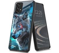 Coque pour Samsung Galaxy A32 5G, coque arrière en verre fin de protection pour Galaxy A32 5G, résistante aux chocs et aux rayures, entièrement couverte pour fille et garçon, motif loup bleu en colère