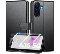 Coque pour Samsung Galaxy A36 5G / A56 5G + 2 Pièces Verre Trempé, Étui de Protection Housse Premium en Cuir PU, Noir - TECHTA