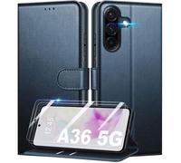 Coque pour Samsung Galaxy A36 5G / A56 5G + 2 Pièces Verre Trempé,Pochette de Portefeuille Etui à Rabat - Bleu - TECHTA