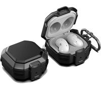 Coque pour Samsung Galaxy Buds Live/Buds FE/Buds 2 / Buds Pro/Buds 2 Pro - Housse en Silicone et PC Dur, Verrouillage Sécurisé, Crochet Métallique, Visibilité LED, Antichoc -Noir