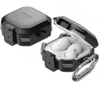 Coque pour Samsung Galaxy Buds Live/Buds FE/Buds 2 / Buds Pro/Buds 2 Pro - Semi-Transparent, Aspect de Fibre de Carbone, PC Dur et Silicone, Crochet Métallique, Sécurité Renforcée -St Noir