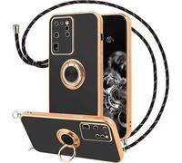 Coque Pour Samsung Galaxy S20 Ultra 5,9"" 6,9"" - Silicone Tpu Antichoc Finition Métallique Plaquée, Lanière Bandoulière & Anneau Rotatif 360° Support, Noir
