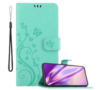 cadorabo Coque Compatible avec Samsung Galaxy S22 en Turquoise Floral - Housse Protection en Design de Fleur avec Fermoire Magnétique, Stand Horizontal et 3 Fentes Cartes - Etui Poche Case Cover