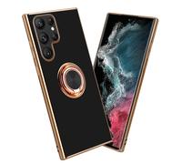Coque pour Samsung Galaxy S22 ULTRA en Glossy Noir - Or avec anneau Housse de protection Étui en silicone TPU flexible, avec protection pour appareil photo et support voiture magnétique