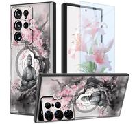Coque pour Samsung Galaxy S23 Ultra 6,8" avec protecteur d'écran et coque d'appareil photo, béquille hybride double couche antichoc pour Samsung S23 Ultra, statue de Bouddha avec fleurs