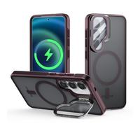 Coque pour Samsung Galaxy S24 / S25 avec Magnétique, pour MagSafe Compatible Étui Rotatable Kickstand, Protection Objectif en Verre Trempé avec Support Caméra Caché, Housse à Dos Mat, Rouge vin