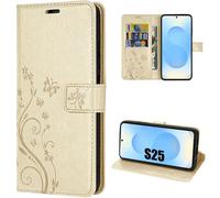 Coque Pour Samsung Galaxy S25, Protection Antichoc Anti-Rayures Cuir Synthétique Doré Motif Papillon Plante - Efconnection