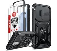 Coque pour Samsung Galaxy S25/S 25 5G avec 2*Verre Trempé+Anneau Support,Full Protection de la Caméra en PC Dur Anti-Chut Renforcée Armor Heavy Duty Antichoc Bumper Housse Etui,Noir