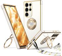 Coque Pour Samsung Galaxy S25 Ultra, Avec Double Anneau De Support Coeur, Avec Lanière Pour Filles Etmmes, Coque De Protection Luxe Mignonne Et Scintillante Pour Samsung S25 Ultra, Blanc