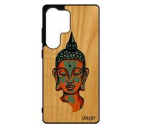 Coque Pour Samsung Galaxy S25 Ultra Bois Veritable Silicone Bouddha Jolie Pochoir Mobile Portrait Illustration Etui Cover Hindou Orange