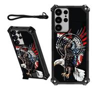 Coque pour Samsung Galaxy S25 Ultra de 6,9" avec dragonne et support caché - Pour homme et femme - Double couche - Résistante aux chocs - Aigle à tête blanche avec drapeau américain