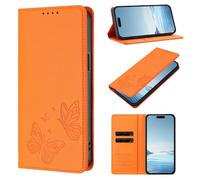 Coque pour Samsung Galaxy S25 Ultra Housse Cuir PU Fente Carte Fonction Support Étuis à Rabat Blocage RFID Motif Papillon Etui Portefeuille pour Samsung Galaxy S25 Ultra, Orange