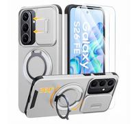 Coque pour Samsung Galaxy S26 FE Protection Caméra 2 Verres Trempés Argenté | 2 Verres Blindés,Protection de l'appareil photo coulissant,Anneau 360°,Militaire,Antichoc,Anti-Rayures,Argenté