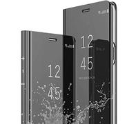 Coque pour Samsung Galaxy S6/S6 Edge/S6 Edge Plus Coque Clear View Case Cuir Etui Flip Clair Transparente Anti-Empreintes Housse Plating Mirror Téléphone Portable Couverture Standing (S6 Edge, Noir)
