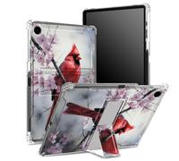 Coque pour Samsung Galaxy Tab A9 8,7" modèle 2023 SM-X110/ X115/ X117 avec porte-stylo, dos transparent avec oiseaux rouges et fleurs de Sakura - Protection d'angle antichoc avec béquille rigide