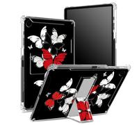 Coque pour Samsung Galaxy Tab A9 8,7" modèle 2023 SM-X110/ X115/ X117 avec porte-stylo, dos transparent avec papillons rouges, noirs et blancs, protection d'angle antichoc avec béquille rigide
